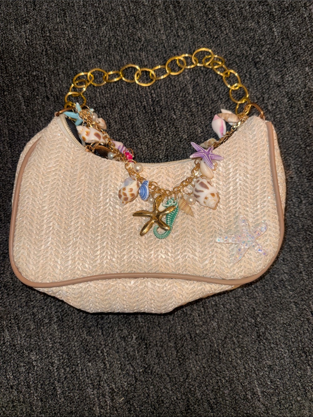Beige Straw Shoulder Bag with Shell Charm Accent